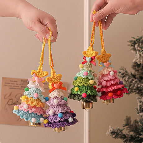 2 Pcs Handmade Crochet Christmas Tree Ornament - Plush Knitted Decoration with Bell - Ideal for Home, Car & Holiday Decor(Style E)