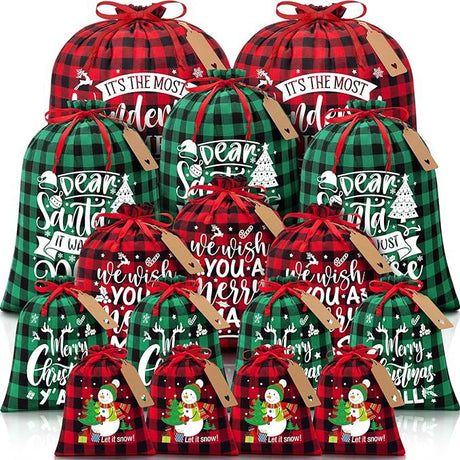 Black and white checkered Christmas Gift Drawstring Bags Set - Festive Burlap Style Pouches for Candy & Apples - Holiday Decoration - 10 Pcs