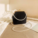 Black Elegant Vintage Kiss-Lock Purse with Pearl Straps - Textured Frame Clutch Bag
