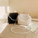 Black Elegant Vintage Kiss-Lock Purse with Pearl Straps - Textured Frame Clutch Bag