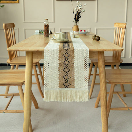 2-PCS Rhombus Bohemian Woven Table Runner with Tassels - Rustic Farmhouse Decor for Dining & Coffee Tables