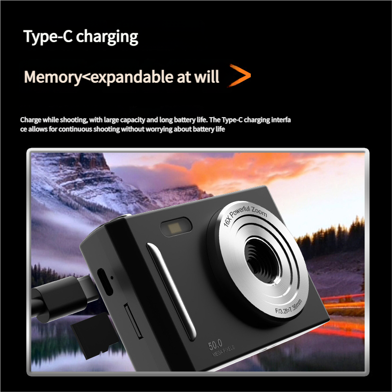 50MP HD Digital Camera with 8X Zoom & Dual Lens System(black)