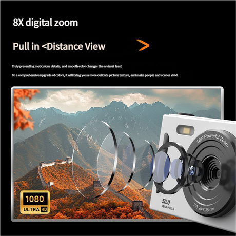50MP HD Digital Camera with 8X Zoom & Dual Lens System(white)