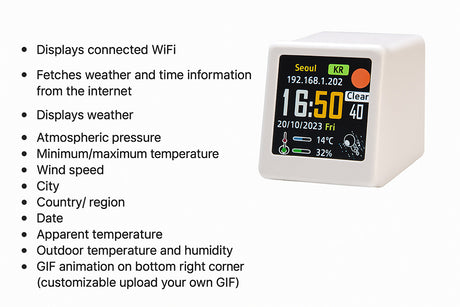 2pc Mini Smart Wi-Fi Weather Station Clock - Desktop Digital Clock with HD IPS Screen, Customizable GIF Display & 3-Day Forecast(Black)