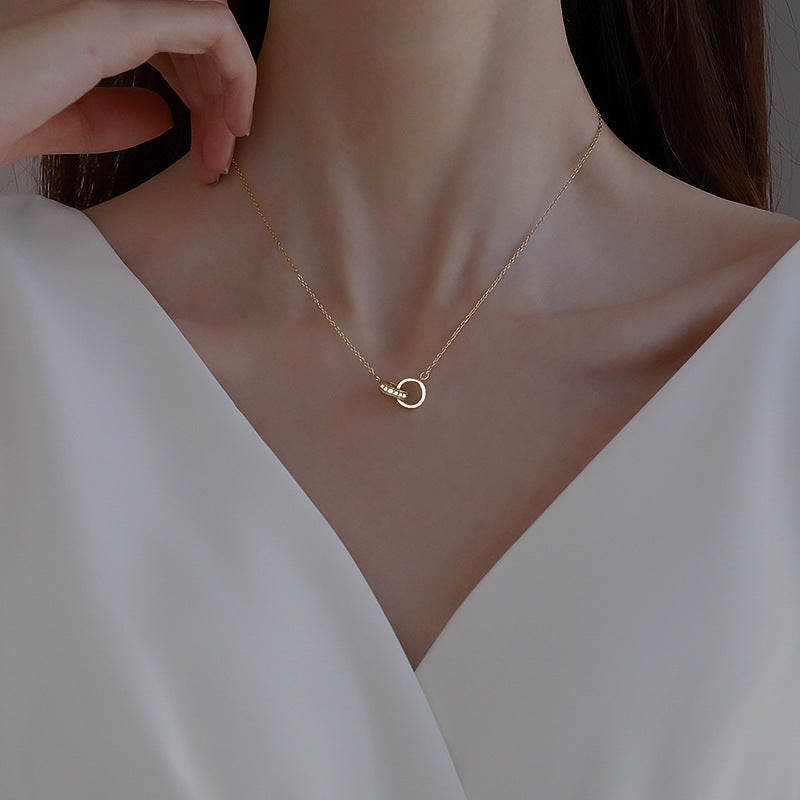 2pc Elegant Interlocking Rings Pendant Necklace with Zirconia Accents - Copper Base, Minimalist Jewelry(Rose gold)