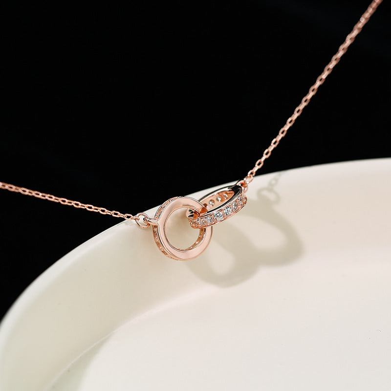 2pc Elegant Interlocking Rings Pendant Necklace with Zirconia Accents - Copper Base, Minimalist Jewelry(Rose gold)