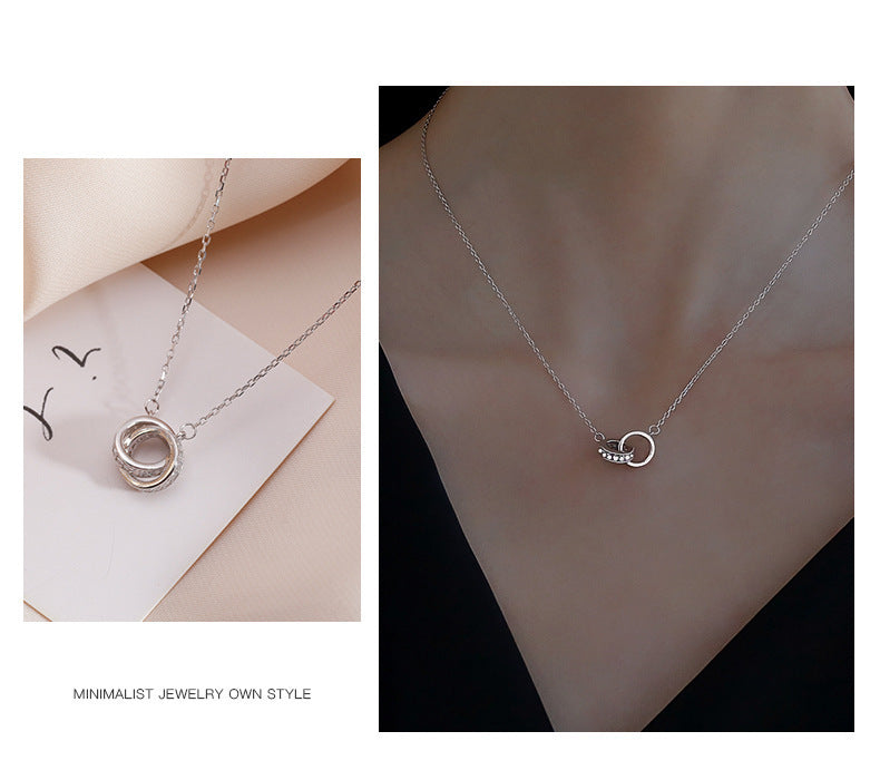 2pc Elegant Interlocking Rings Pendant Necklace with Zirconia Accents - Copper Base, Minimalist Jewelry(Rose gold)