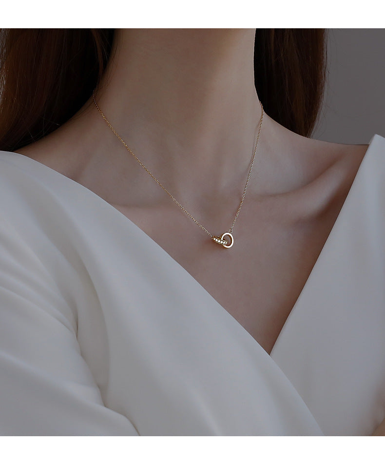 2pc Elegant Interlocking Rings Pendant Necklace with Zirconia Accents - Copper Base, Minimalist Jewelry(Rose gold)