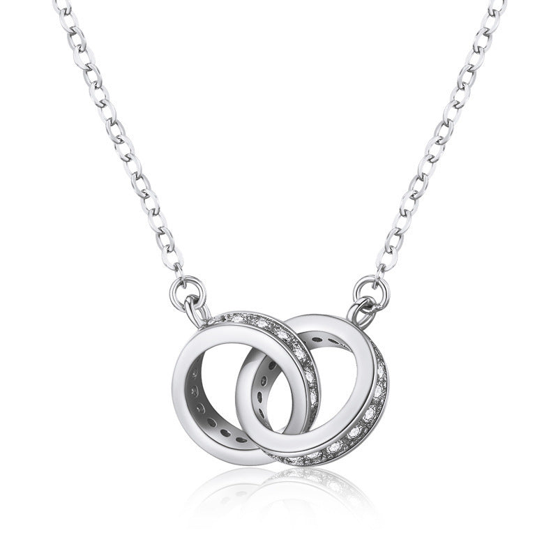 2pc Elegant Interlocking Rings Pendant Necklace with Zirconia Accents - Copper Base, Minimalist Jewelry(platinum)