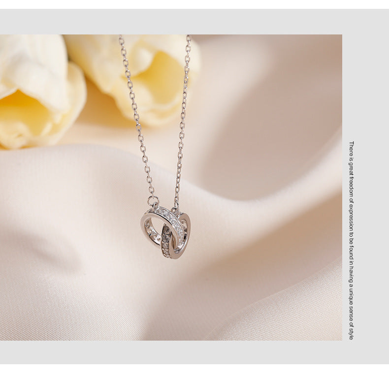 2pc Elegant Interlocking Rings Pendant Necklace with Zirconia Accents - Copper Base, Minimalist Jewelry(platinum)