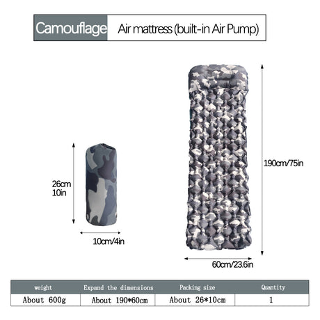 2pc Ultralight Inflatable Camping Sleeping Mat with Integrated Pillow - Waterproof 40D Nylon TPU(Camouflage)