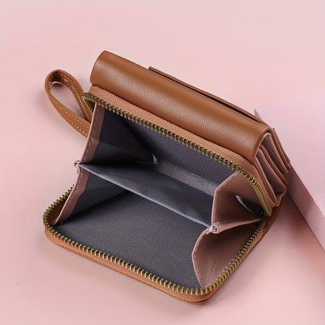 Black Chic Compact Trifold Wallet for Women - PU Leather Card Holder with Zipper Coin Purse & Wristlet Strap