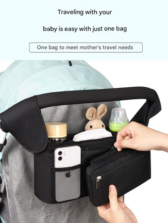 Black and Gray Stitching Universal Stroller Organiser Caddy with Insulated Cup Holders and Detachable Wristlet