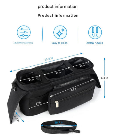 Black and Pink Stitching Universal Stroller Organiser Caddy with Insulated Cup Holders and Detachable Wristlet
