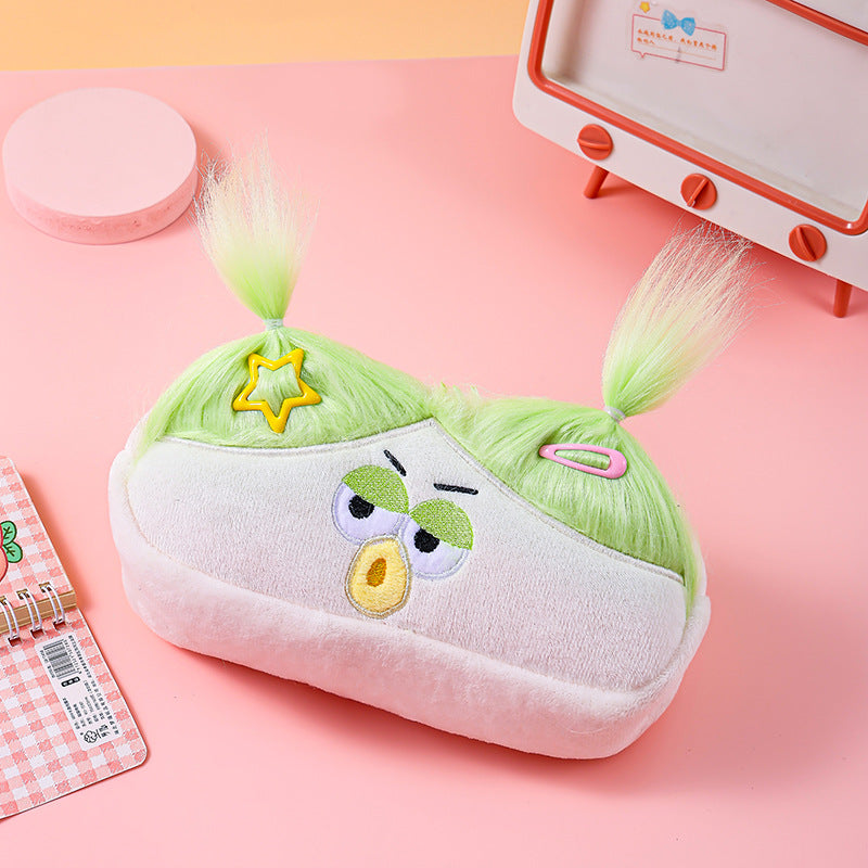 Beige and Light Green Hair Cute Plush Monster Pencil Case - Fluffy Stationery Pouch with DIY Styleable Hair for Kids