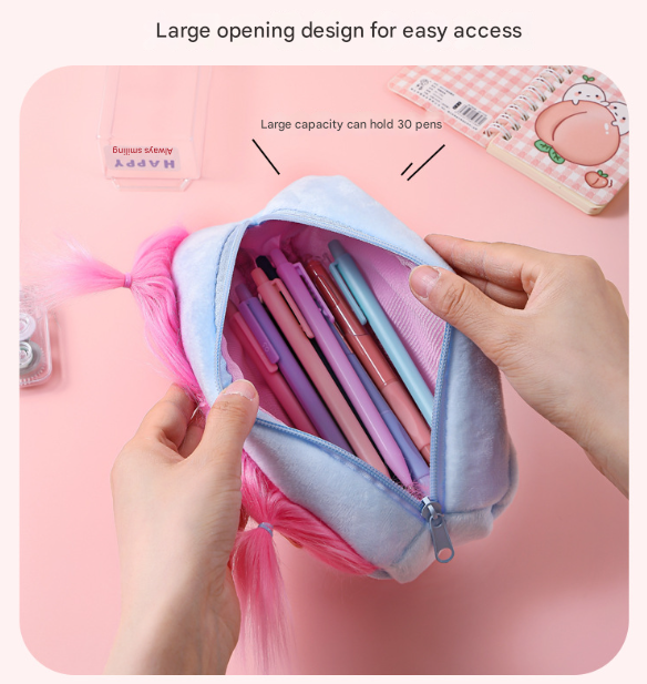 Beige and Light Green Hair Cute Plush Monster Pencil Case - Fluffy Stationery Pouch with DIY Styleable Hair for Kids