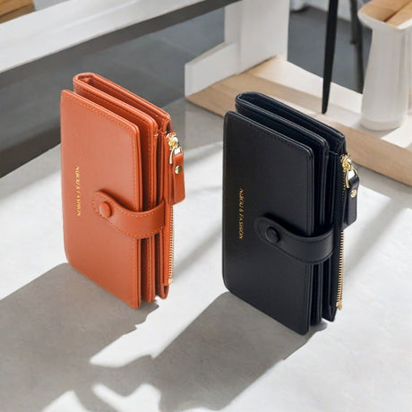 Black Compact Bifold Wallet for Women - High Capacity PU Leather Purse with Zipper Coin Pocket