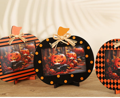 Black and Orange Polka Dot Pattern Festive Pumpkin Photo Frame - Rustic Halloween Tabletop Picture Holder