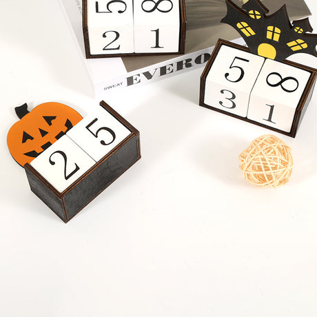 Black Castle Shape Festive Halloween Countdown Blocks - Reusable Wooden Perpetual Calendar for Desk Decor