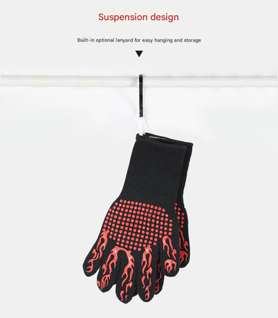 Black Flame Pattern Extreme Heat Resistant BBQ Gloves - 500°C Flame Design Oven Gloves with Non-Slip Silicone Grip