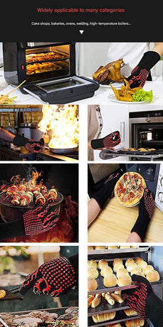 Black Flame Pattern Extreme Heat Resistant BBQ Gloves - 500°C Flame Design Oven Gloves with Non-Slip Silicone Grip