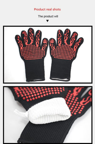 Black Flame Pattern Extreme Heat Resistant BBQ Gloves - 500°C Flame Design Oven Gloves with Non-Slip Silicone Grip