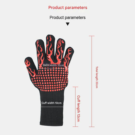 Black Flame Pattern Extreme Heat Resistant BBQ Gloves - 500°C Flame Design Oven Gloves with Non-Slip Silicone Grip