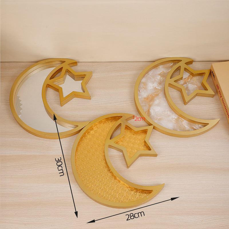 2 Pcs Gold and White Mirrored Elegant Celestial Moon & Star Serving Tray - Gold Finish Decorative Platter for Home & Holidays