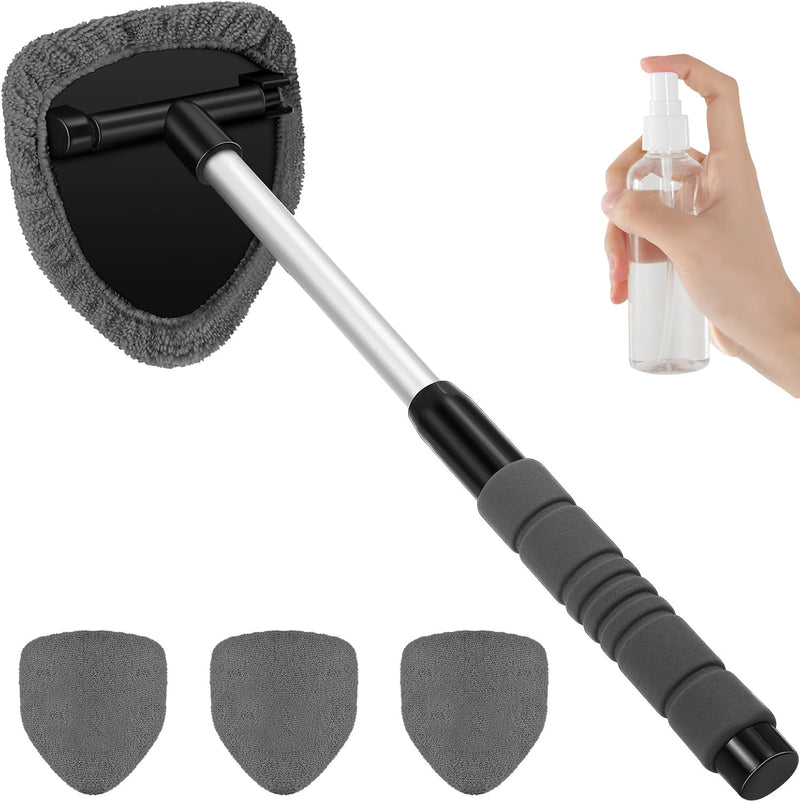 Black Car Windshield Cleaner Tool, Inside with 4 Reusable and Washable Microfiber Pads and Extendable Handle, Moisture Removal Tool