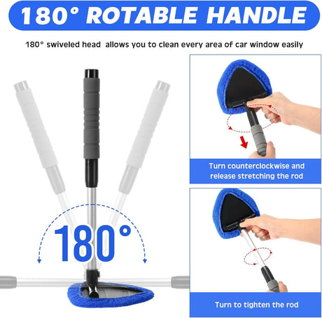 Black Car Windshield Cleaner Tool, Inside with 4 Reusable and Washable Microfiber Pads and Extendable Handle, Moisture Removal Tool
