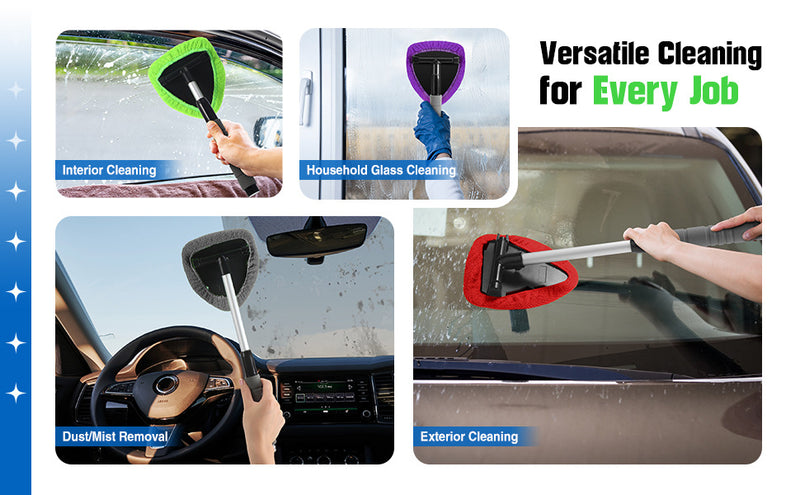 Black Car Windshield Cleaner Tool, Inside with 4 Reusable and Washable Microfiber Pads and Extendable Handle, Moisture Removal Tool