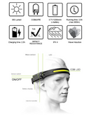 1 Piece Black Bright COB LED Headlamp with Motion Sensor - 230° Wide Beam for Outdoor Camping, Hiking & Fishing