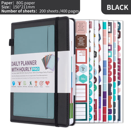 Black A5 PU Leather Agenda for Productivity & Time Management-Undated Daily & Hourly Planner Pro