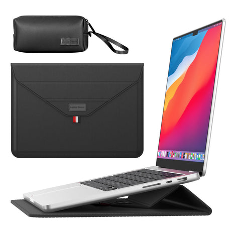 3-in-1 PU Leather Laptop Sleeve with Stand & Mouse Pad + Accessory Pouch(black)