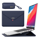 3-in-1 PU Leather Laptop Sleeve with Stand & Mouse Pad + Accessory Pouch(Dark Blue)