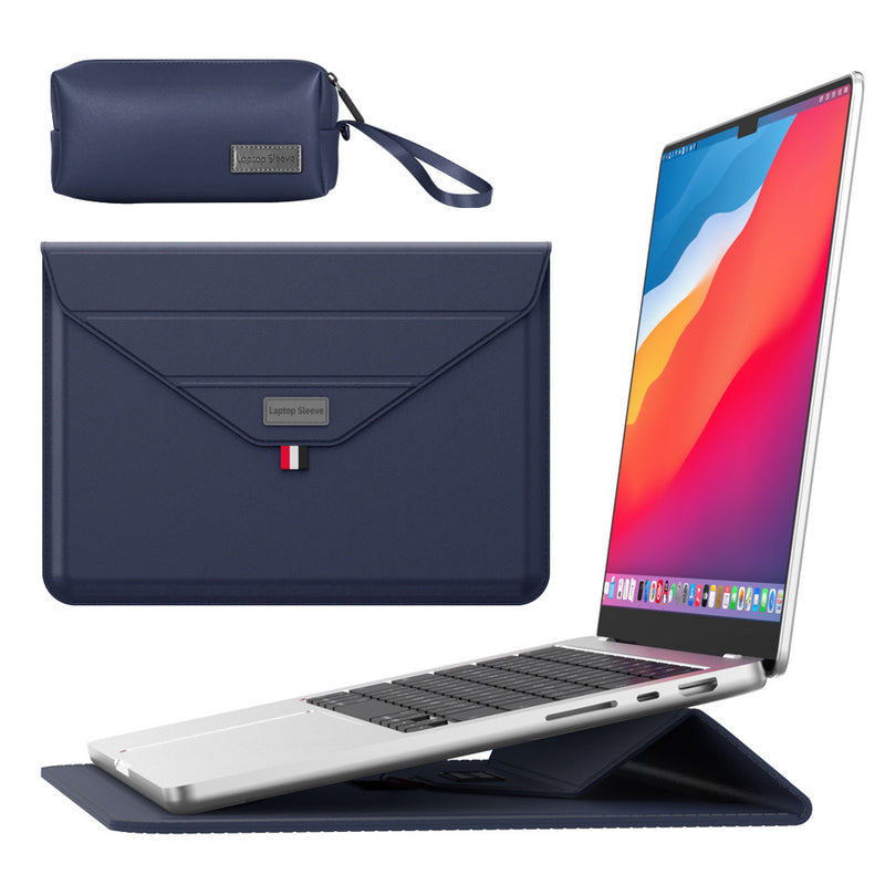 3-in-1 PU Leather Laptop Sleeve with Stand & Mouse Pad + Accessory Pouch(Dark Blue)