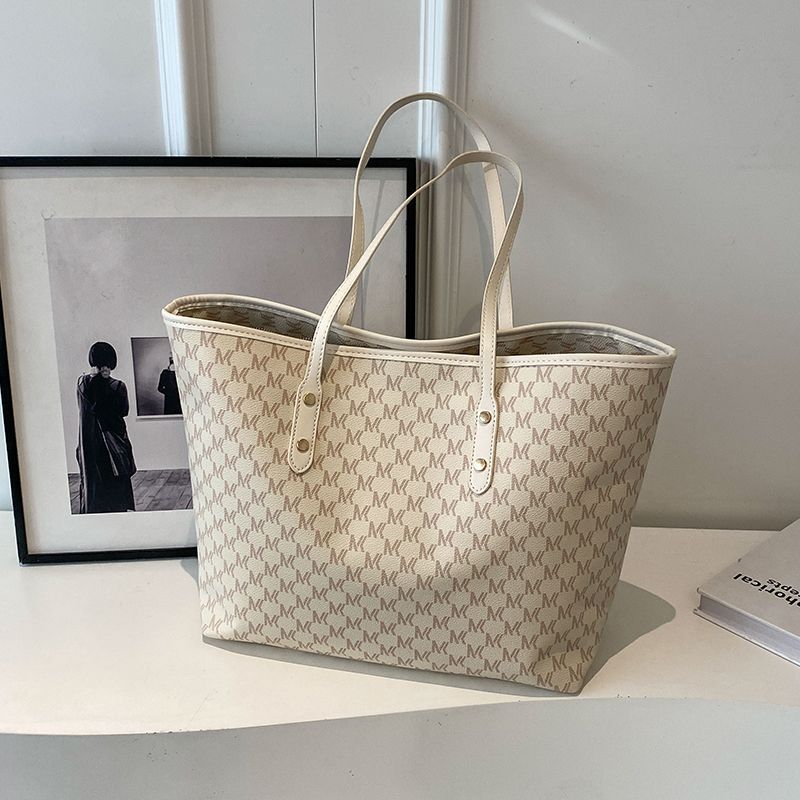 Beige Chic Monogram Print Tote Bag - Large Capacity Shoulder Handbag for Work & Commuting