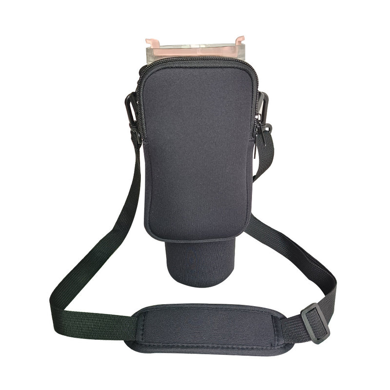 Black Crossbody Tumbler Carrier with Detachable Wallet Pouch and Adjustable Strap
