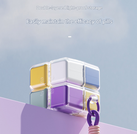 Black 8-Grid Magic Cube Pill Box with Lanyard - Portable Weekly Sealed Tablet Organizer & Dispenser