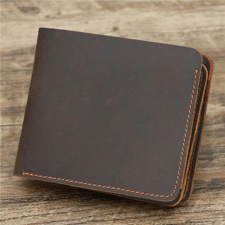 Dark Brown Men's Crazy Horse Leather Wallet - Genuine Leather Bifold Card Holder, Retro Rugged Top-Grain Cowhide (11.5x2x9.5 cm, 120g)