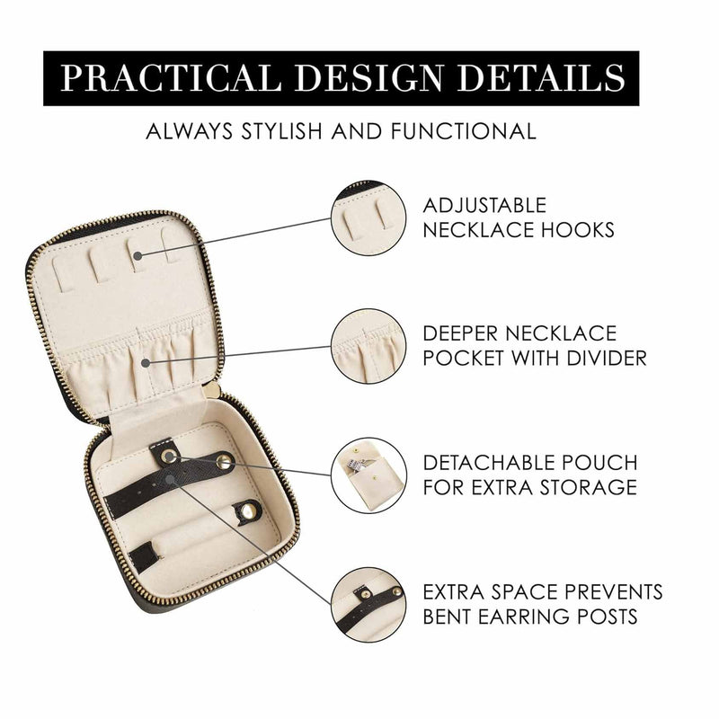 Black "Small But Mighty" Leather Jewelry Box - Portable Organizer for Earrings, Necklaces, Rings & More (4x4x2 inches)