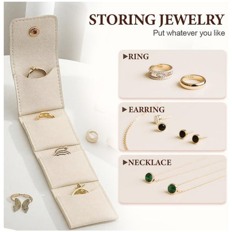 Beige Portable Mini Jewelry Pouch Soft Velvet Travel Organizer for Rings and Earrings Compact Snap Button Storage Bag Ideal for Daily Use