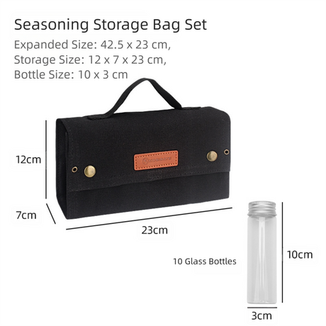 Black canvas spice storage box (9.1 x 4.7 x 2.8 inches) With 10 bottles