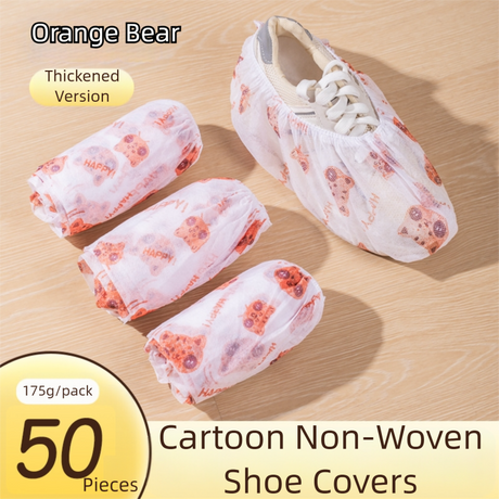 50 Pieces Thickened Non-Woven Disposable Shoe Covers (Orange Bear) – Universal Fit (EU Size 34-45) for Guests & Floor Protection