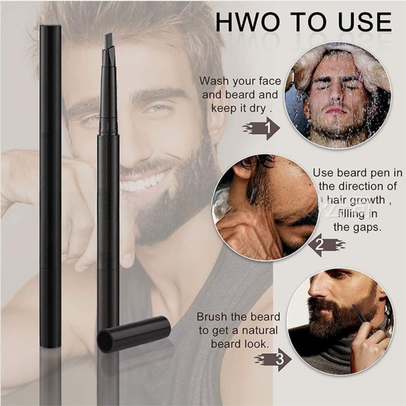 4-Pack Black Beard Filler Pen for Men - Waterproof, Precision Tip and Brush for Covering Beard and Hairline