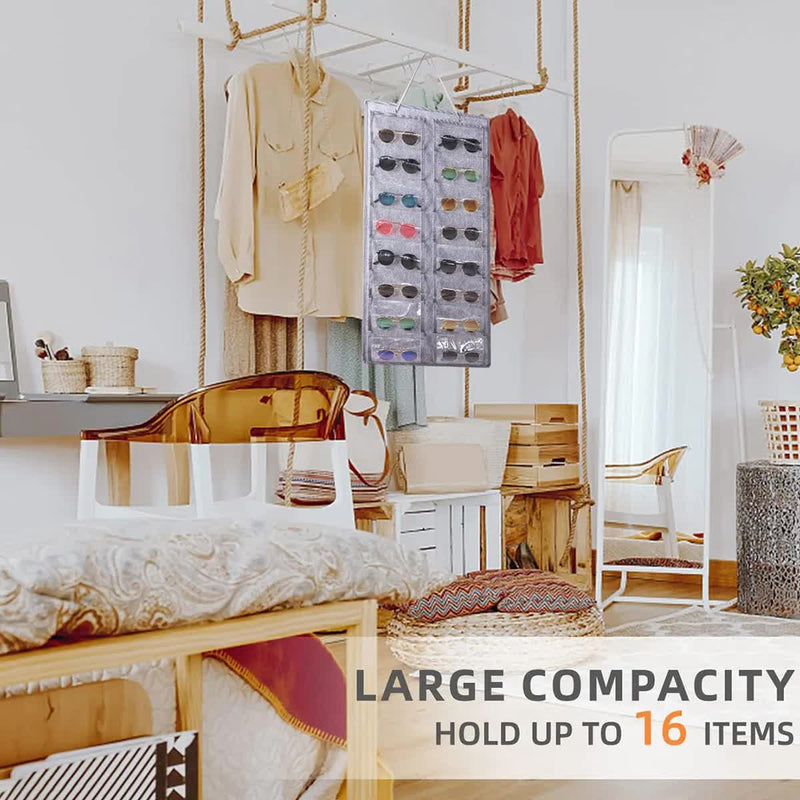 16 Slot Grey Felt Hanging Sunglass Organizer(40 * 80 CM) – Foldable Wall Mount Eyewear Storage Rack