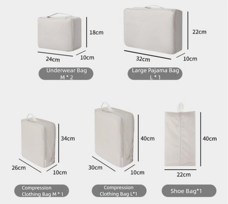 6-Piece Off-White Memory Fabric Travel Compression Packing Cubes Set - Waterproof, Anti-Wrinkle Luggage Organizer & Space Saver