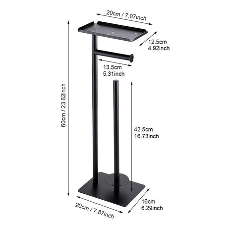 2-in-1 Freestanding Toilet Paper Holder - Thick Carbon Steel with Matte Black Finish, Storage Top and 2 * Paper Roll Holder