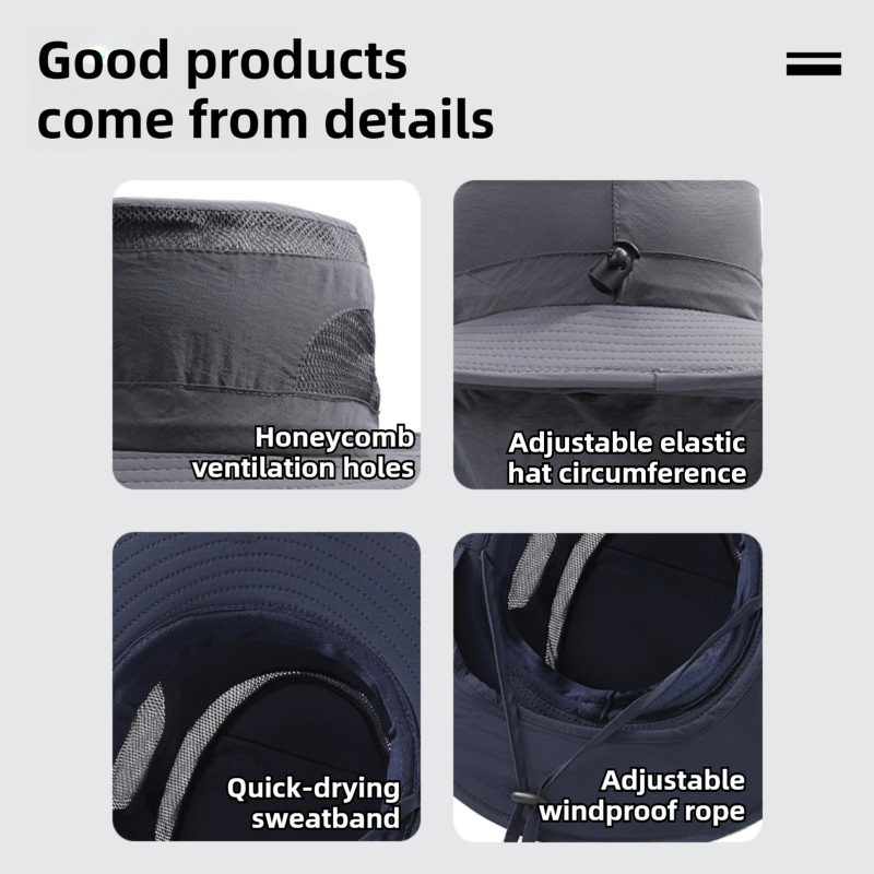 2-Pack Dark Grey Men's Adjustable Sun Protection Hat - Wide Brim, Deep Crown, Quick Dry Breathable Sun Cap with Neck Flap for Hiking & Outdoors