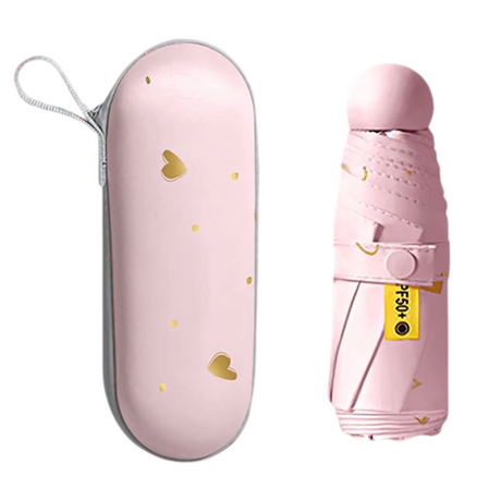 2-Pack Pink Ultra-Compact 5-Fold Waterproof All-Weather Umbrella for Women - Heart Pattern, Black Glue UV Protection, 8-Rib Frame,  Portable Capsule Parasol